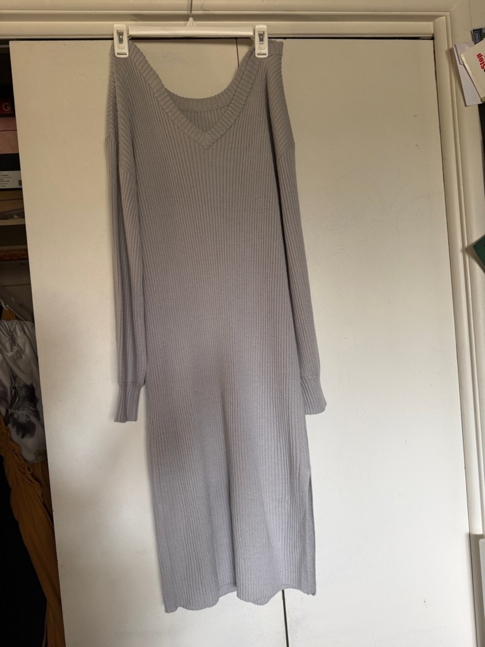 Women’s Light Gray Ribbed V-Neck Knit Dress